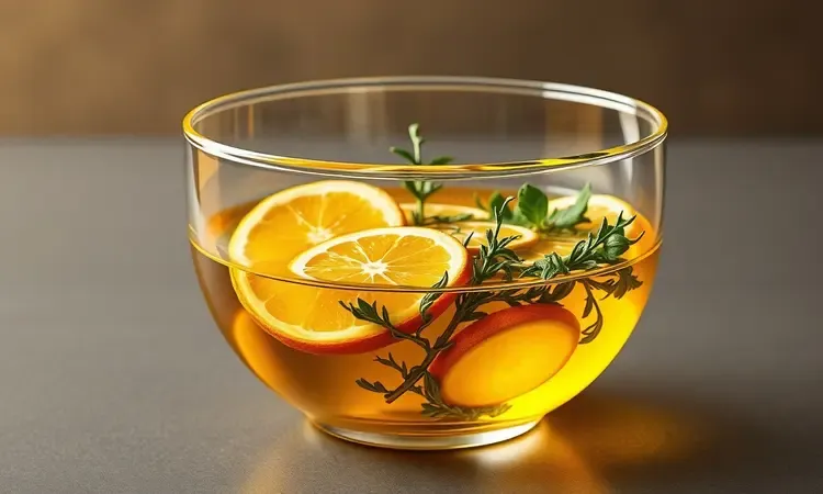 Bowl com ervas frescas, óleo dourado e fatias de citrus para marinada aromática.
