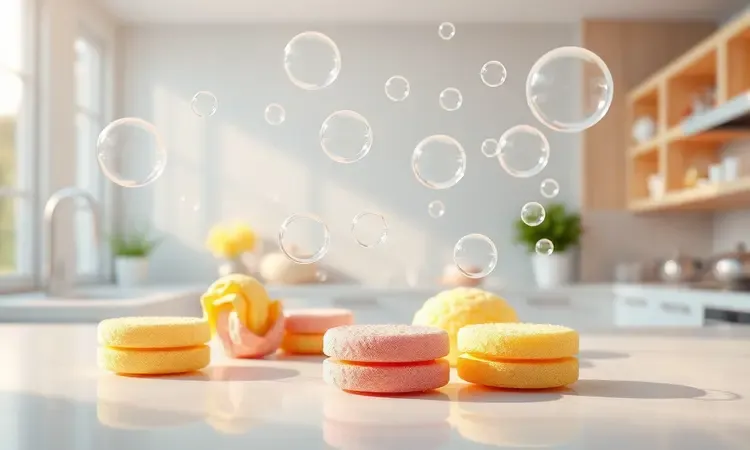 Ilustração 3D conceitual de esponjas macias e sabão neutro para limpeza delicada.