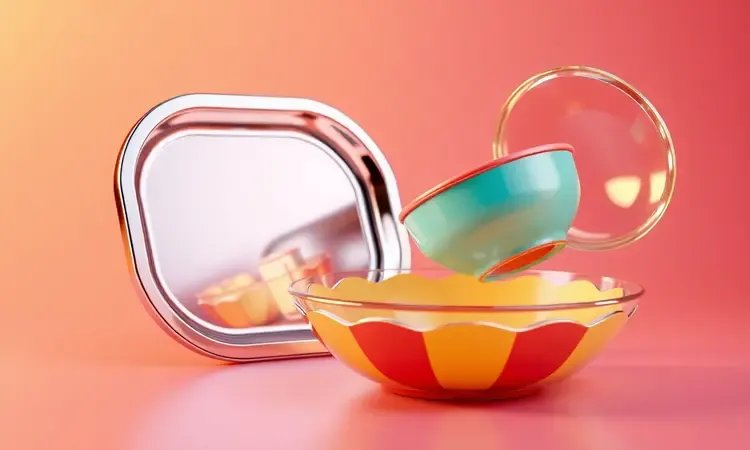 Utensílios de cozinha seguros para airfryer como recipientes de vidro cerâmica e aço inox em estilo 3D vibrante.