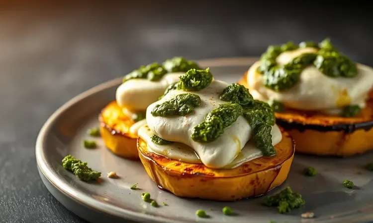 Medalhão de berinjela assado com queijo derretido e gotas de pesto em um estilo conceitual 3D.