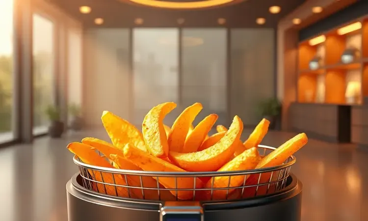 Representação conceitual em 3D de uma air fryer de 8 litros com cesto amplo e iluminação vibrante.