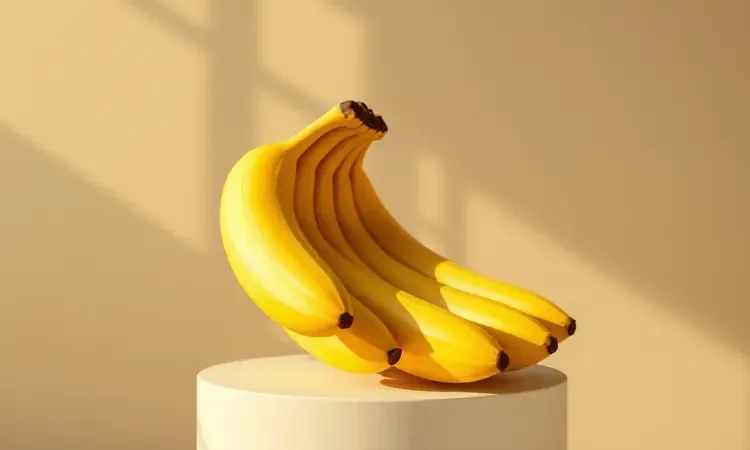 Bananas amarelas perfeitas em um pedestal minimalista para desidratação em render 3D.