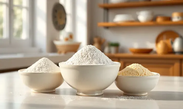 Três tigelas de cerâmica contendo diferentes texturas de farinhas para empanar, do fubá fino ao panko crocante.