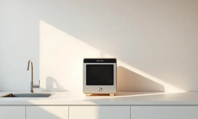 Cena 3D minimalista mostrando uma air fryer posicionada corretamente com espaço de ventilação em uma bancada de cozinha.