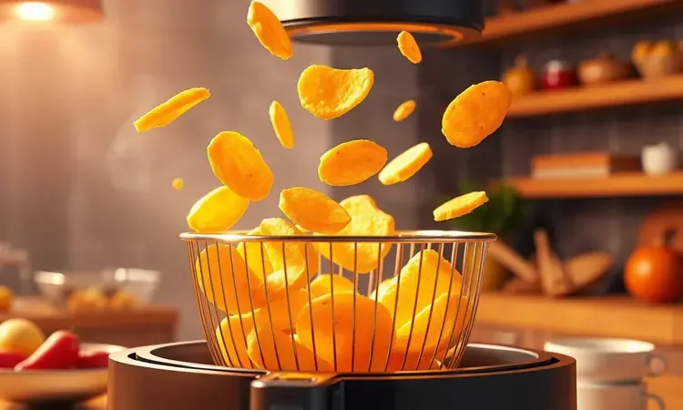 Representação conceitual 3D de fatias de batata entrando em uma airfryer estilizada com luzes quentes e vibrantes.