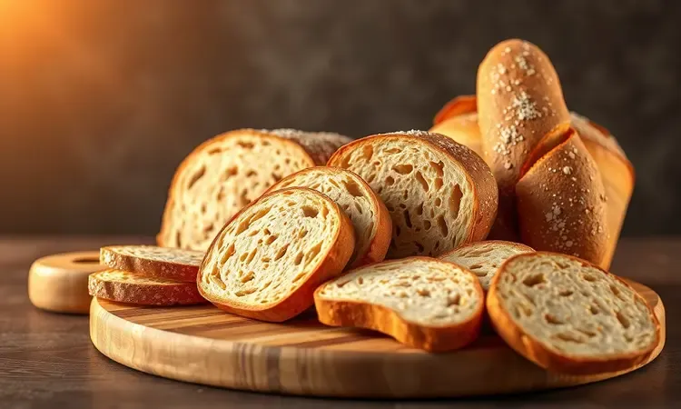 Diversos tipos de pães artesanais fatiados sobre uma tábua de madeira para fazer bruschetta.
