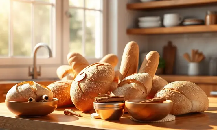 Variedade de pães artesanais e paus de canela sobre uma bancada de madeira para preparar rabanada.