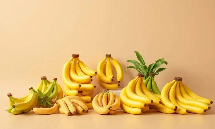 Bananas verdes e maduras dispostas esteticamente em uma composição 3D minimalista.