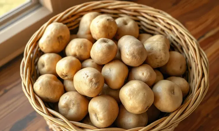 Cesta de vime com diferentes tipos de batatas frescas dispostas de forma artística em uma cozinha iluminada.