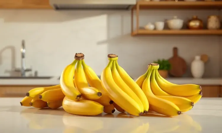 Diferentes tipos de bananas dispostas de forma artística em uma cozinha moderna para escolha da melhor receita.