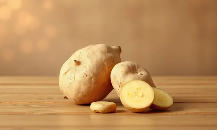 Comparação visual entre diferentes tipos de batatas em um cenário 3D minimalista e iluminado.