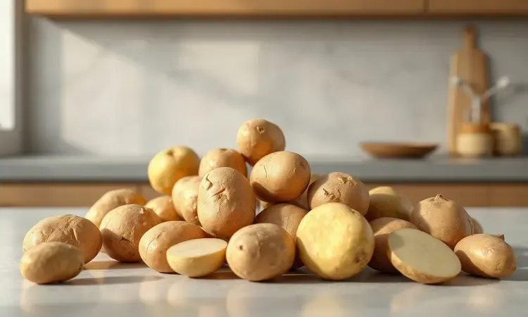 Diferentes tipos de batatas cruas sobre uma bancada minimalista para escolher a melhor opção para fritura.