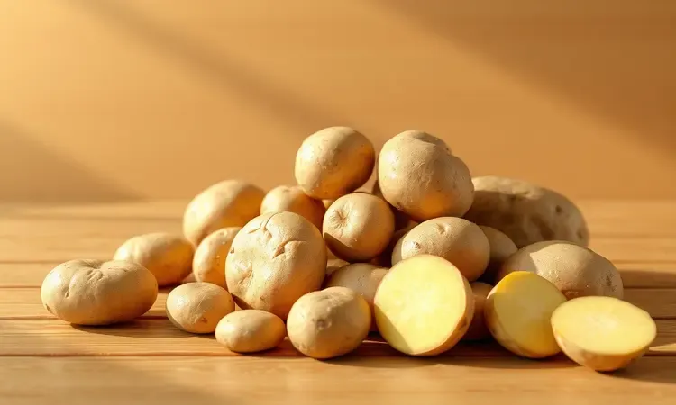 Renderização 3D de diferentes variedades de batatas cruas sobre uma superfície de madeira minimalista sob luz suave.