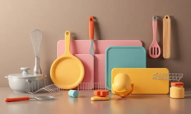 Composição 3D de acessórios de cozinha em silicone e metal dispostos de forma organizada e estética.