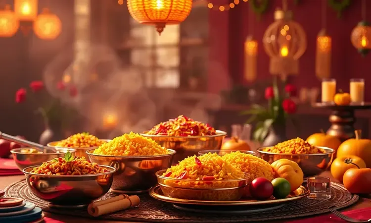 Pratos festivos com arroz colorido e farofa de Natal servidos em uma mesa bem iluminada.