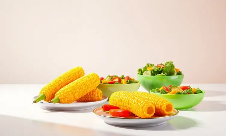 Renderização 3D de acompanhamentos coloridos como milho cozido e salada fresca em uma mesa moderna.