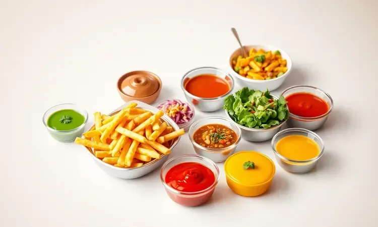 Cena conceitual 3D com diversos acompanhamentos coloridos para servir com frango empanado.