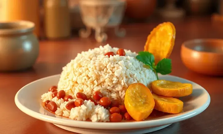 Prato de refeição caseira vibrante com arroz, feijão e fatias de banana-da-terra douradas e crocantes.