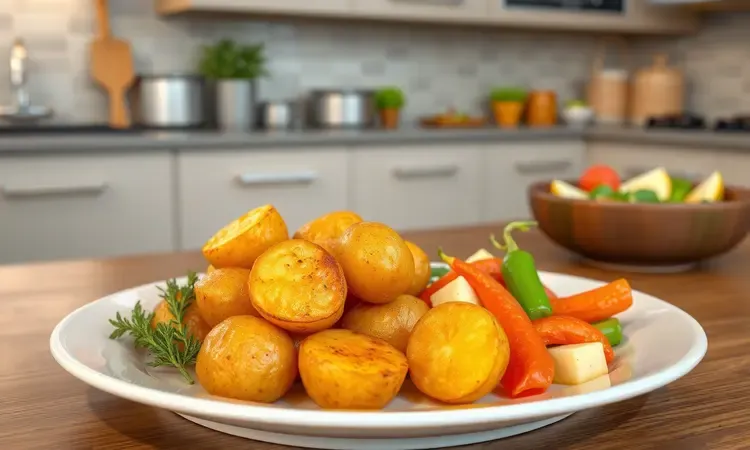 Refeição elegante com batatas sauté servidas ao lado de acompanhamentos coloridos em uma mesa moderna.