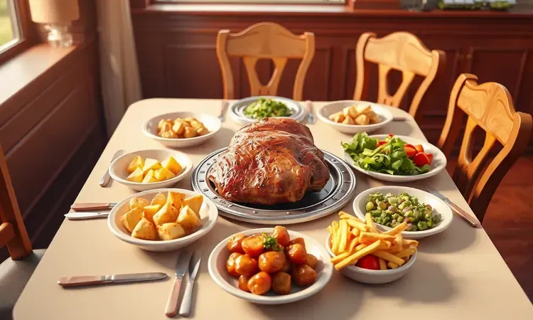Mesa de jantar colorida com acompanhamentos variados como batatas assadas e salada fresca.
