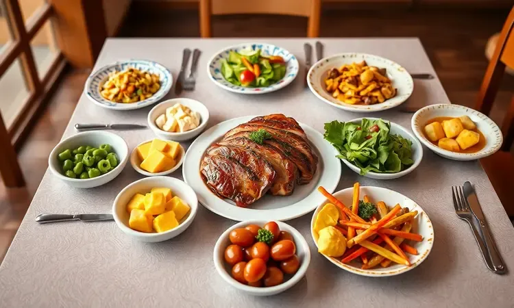 Mesa colorida com carne de sol acompanhada de mandioca e acompanhamentos tradicionais brasileiros.