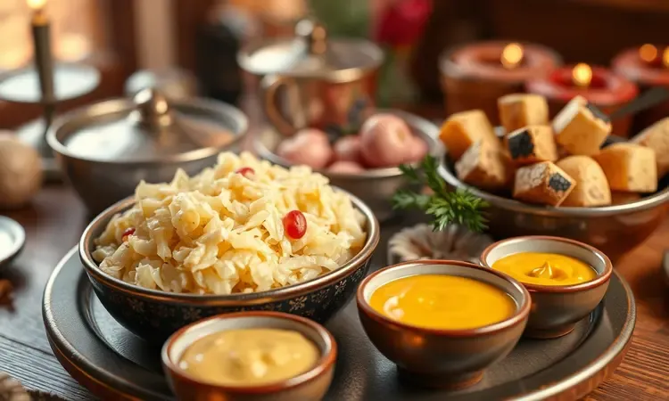 Conjunto de acompanhamentos alemães como chucrute e batatas assadas para servir com joelho de porco.