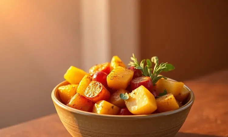 Batatas rústicas douradas e vegetais coloridos servidos como acompanhamento em uma tigela moderna.