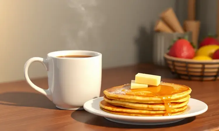 Mesa posta com café fresco e bruacas fofinhas em um ambiente acolhedor e colorido.