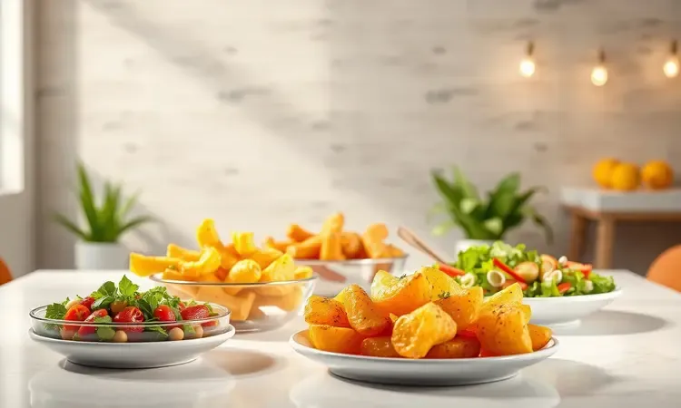 Cena conceitual 3D com acompanhamentos estilizados como batatas douradas e vegetais frescos em uma mesa limpa.