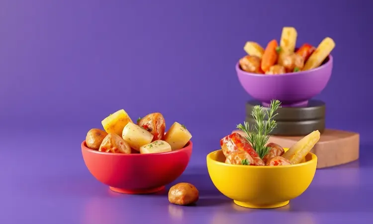 Telas 3D vibrantes de tigelas com batatas assadas e legumes coloridos como acompanhamento.