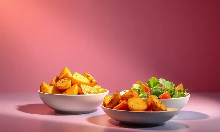 Acompanhamentos coloridos como batatas assadas e salada fresca em pratos modernos para servir com carne em renderização 3D.