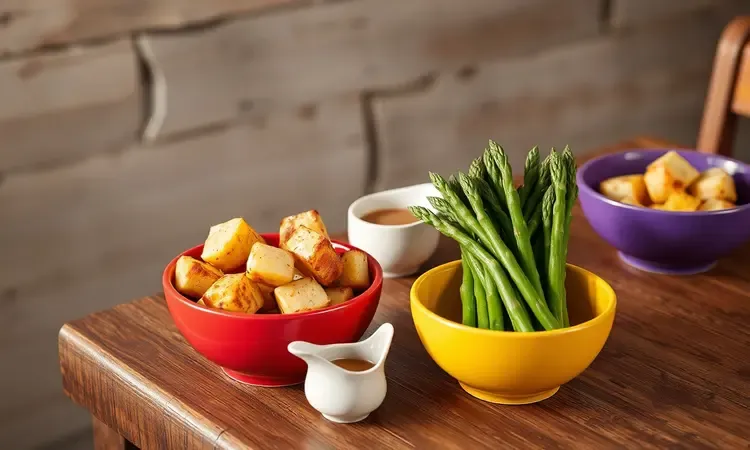 Variedade de acompanhamentos coloridos como batatas e legumes para servir com carne assada.