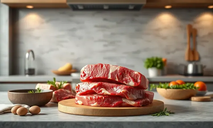 Cortes de carne fresca e marmorizada dispostos de forma artística para criação de blend de hambúrguer gourmet.