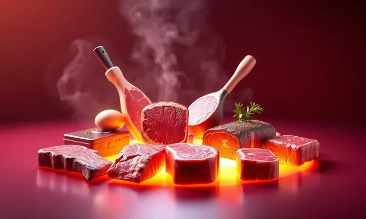 Ilustração 3D de diversos cortes de carne suculentos prontos para o preparo.