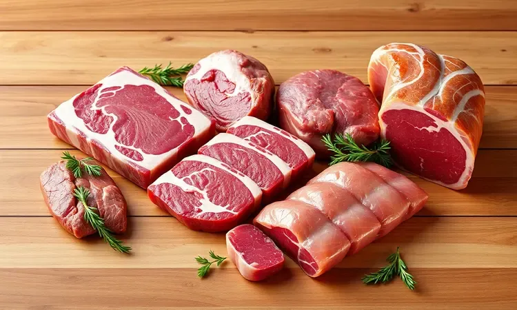 Diversos cortes de carne fresca e marmorizada dispostos de forma artística para preparar espetinhos.