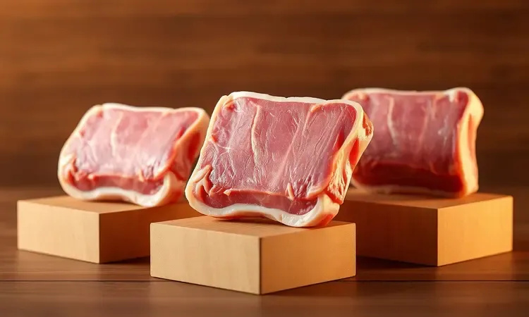 Ilustração 3D artística de diferentes texturas de cortes de carne suína em uma composição geométrica.