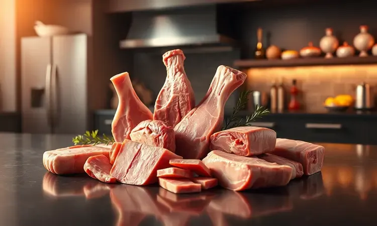 Representação artística e conceitual de diferentes cortes de carne de porco dispostos sobre uma superfície escura e elegante.