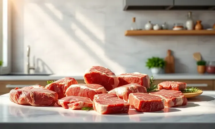 Diferentes cortes de carne bovina fresca dispostos em uma bancada de cozinha moderna e iluminada.