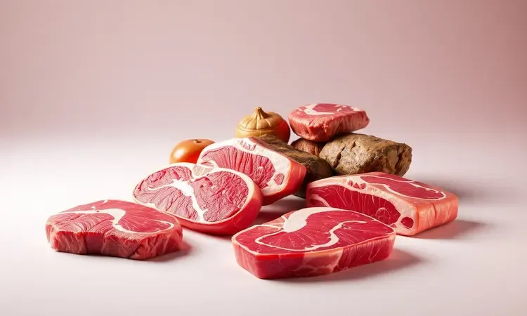 Representação conceitual 3D de diferentes cortes de carne bovina com texturas ricas e iluminação quente.