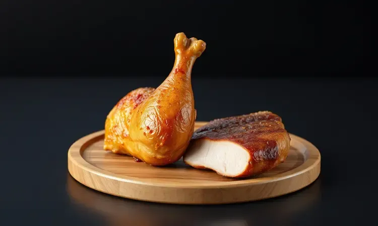 Cortes de frango e suíno dourados e suculentos apresentados em uma composição artística 3D com iluminação quente.