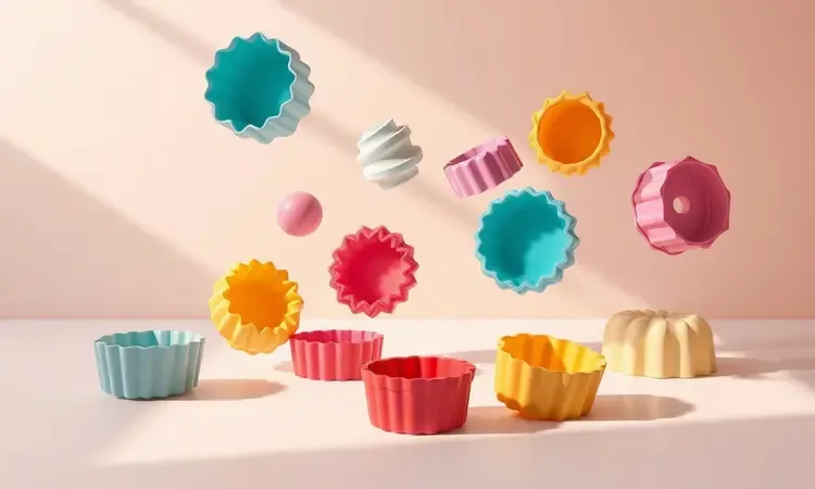 Coleção de formas de silicone e metal coloridas flutuando em um ambiente 3D minimalista e vibrante.
