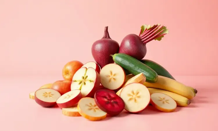 Fatias de maçã, banana e beterraba dispostas artisticamente em uma superfície colorida e moderna.