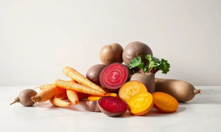 Legumes frescos e coloridos fatiados de forma variada em um ambiente de cozinha moderno e minimalista.