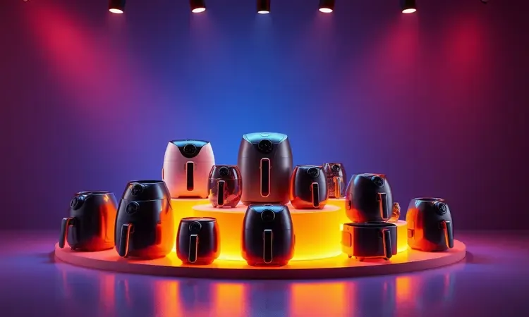 Composição artística 3D de silhuetas de fritadeiras elétricas em um pódio moderno e iluminado.