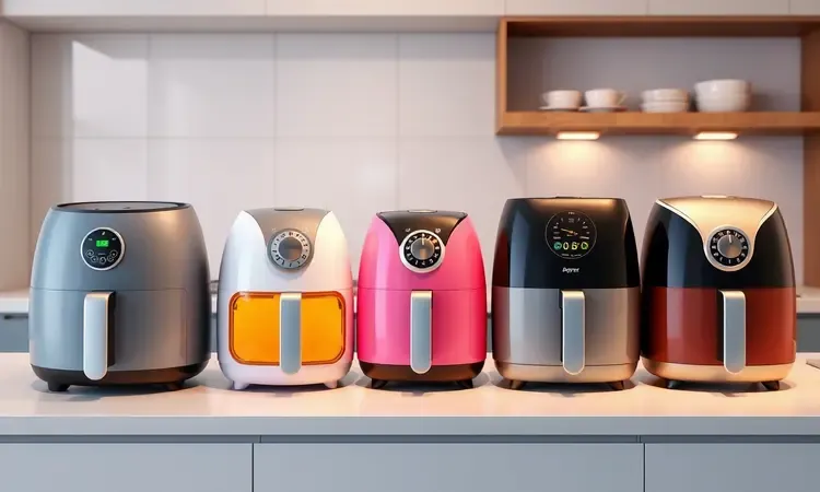 Modelos de air fryer oven de alta capacidade dispostos em uma bancada de cozinha moderna e colorida em estilo 3D conceitual.