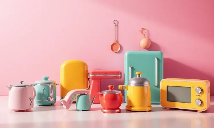 Representação artística em 3D de diferentes modelos de fritadeiras elétricas modernas em um ambiente minimalista e colorido.