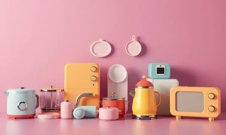 Vários eletrodomésticos de cozinha genéricos e coloridos dispostos de forma artística e equilibrada.
