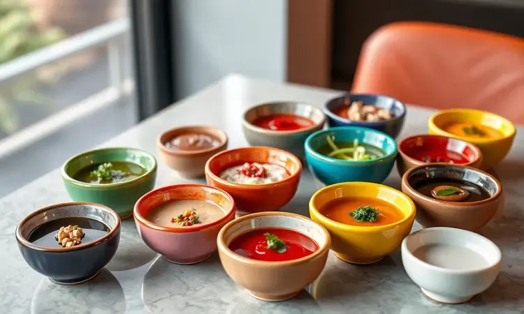 Pequenas tigelas coloridas com molhos variados como maionese temperada e ketchup caseiro.
