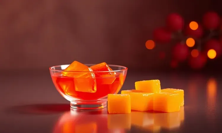 Dadinhos de tapioca dourados ao lado de uma tigela estilizada com geleia de pimenta vibrante em 3D.