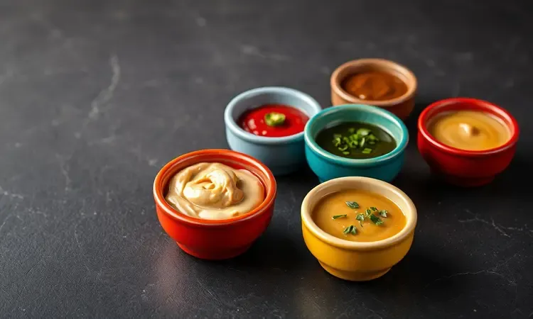 Variedade de molhos coloridos em pequenas tigelas para acompanhamento de mandioca frita.